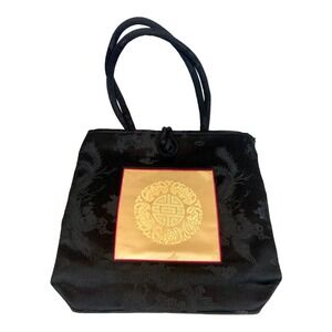 Vintage Silk Hand Bag, Shanghai Trio, Black & Gold Brocade - Pristine
